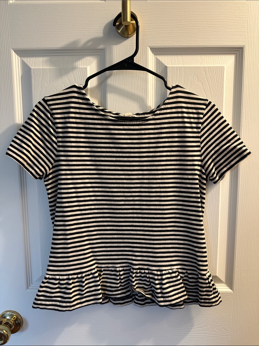 J. Crew Black and White Striped Short Sleeve Peplum Tee
